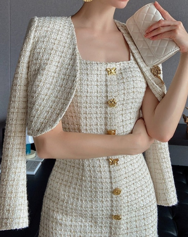 White tweed mine dress suit 2 piece set set 