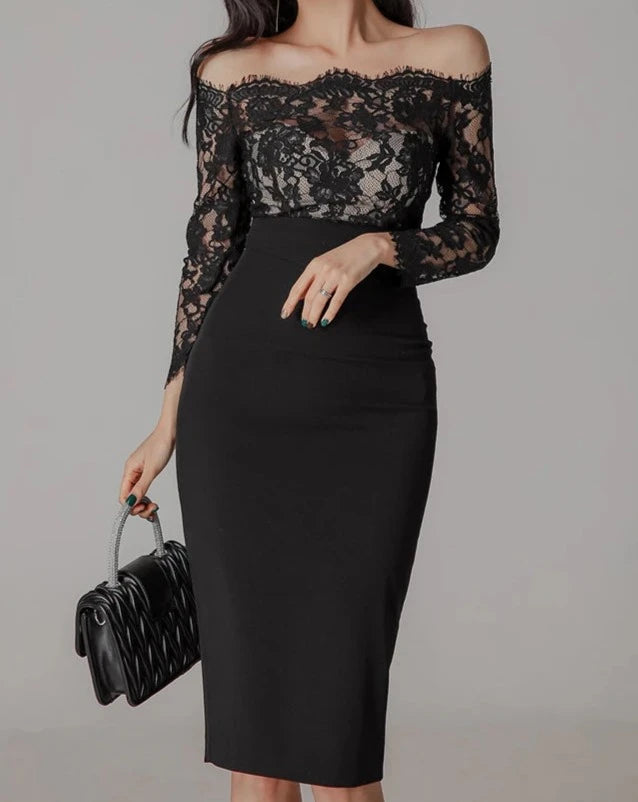 Women's black lace off the shoulder midi sheath dress