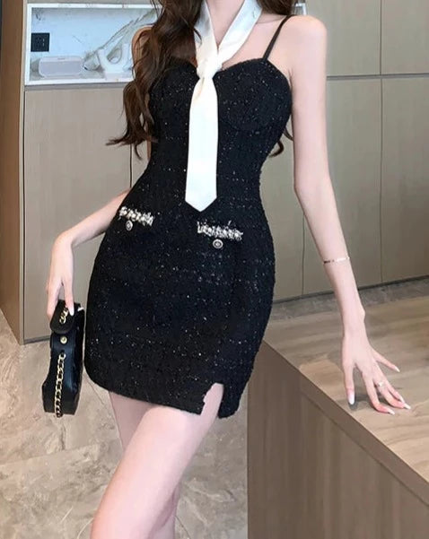 Women's black and white contrast tweed mini dress 2 piece set