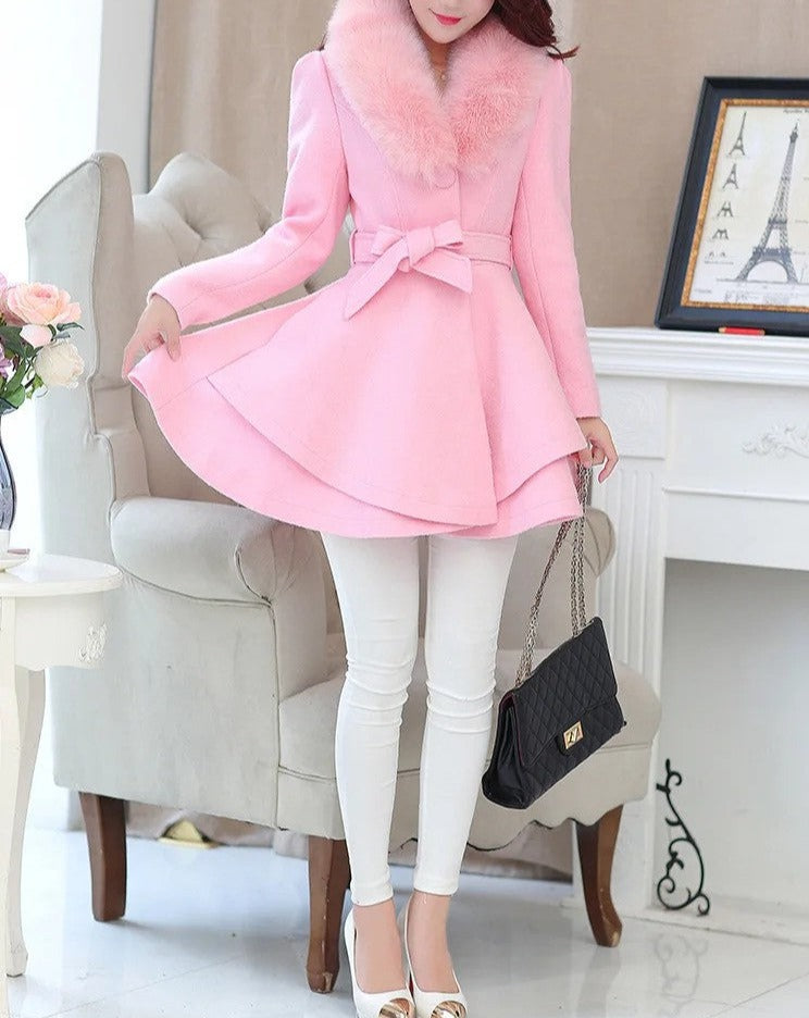 Women's pink fur collar trim coat