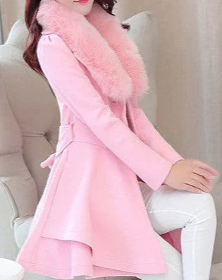 Women's pink fur collar trim coat