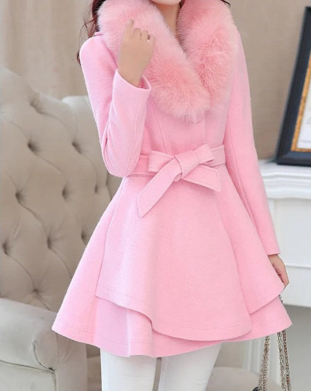 Women's pink fur collar trim coat