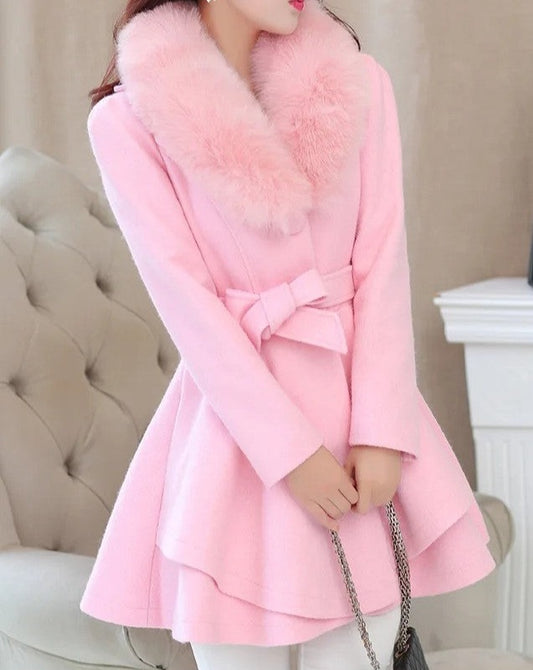 Women's pink fur collar trim coat