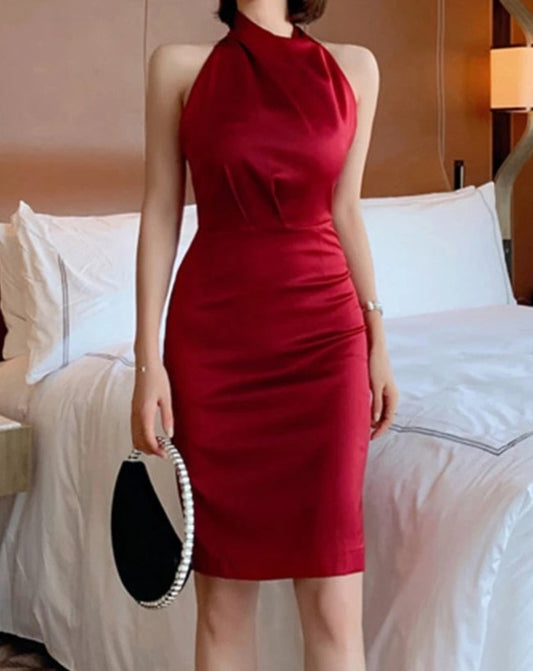 Women's red draped halter neck sheath dress