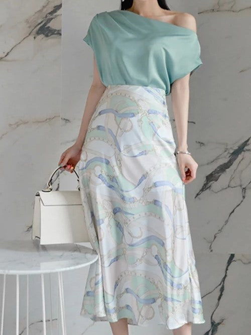 ANDREA One Shoulder Blouse and Skirt Two Piece Set