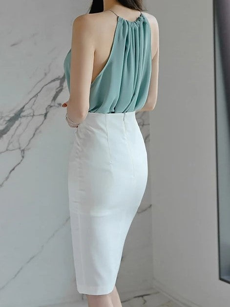 APHRODITE Pleated Halter Top and Pencil Skirt Two Piece Set
