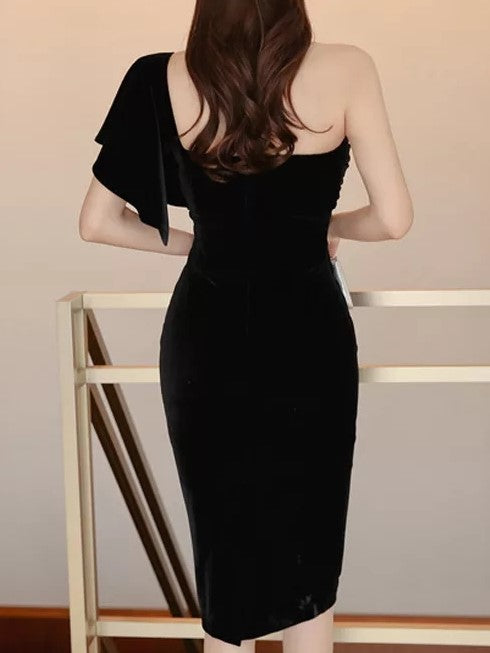 AUDREY Flutter One Shoulder Detail Sheath Dress