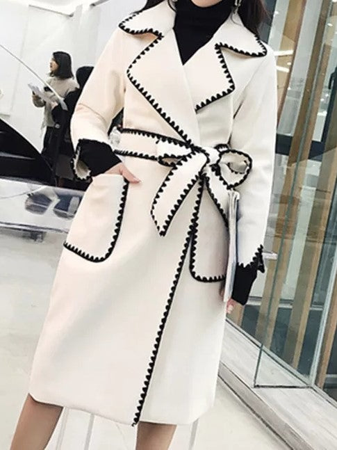 Women's black and white wrap tie long sleeve winter coat