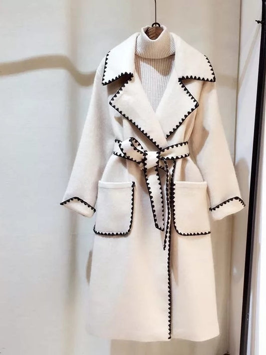 Women's black and white wrap tie long sleeve winter coat