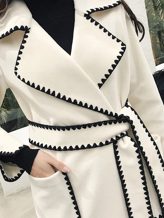 Women's black and white wrap tie long sleeve winter coat