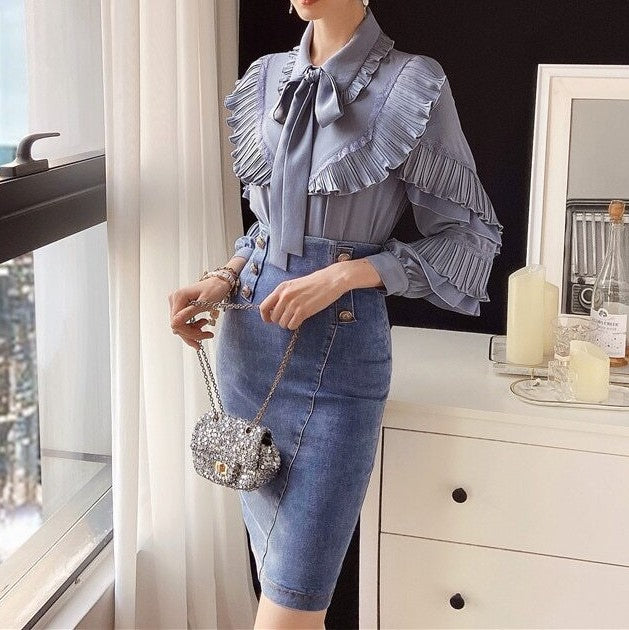 Women's Blue Long Sleeve Blouse