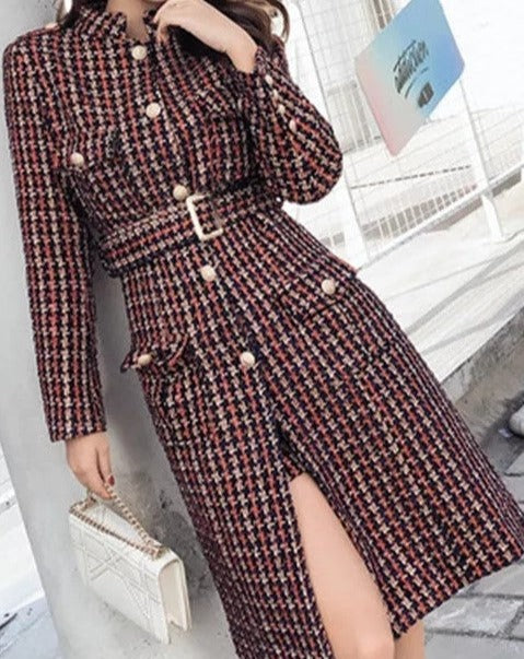 MARY GRACE Tweed Tie-Belt Coat and Shorts Two Piece Set