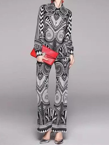 OKEANIA Print Button Up Blouse and Pants Matching Two Piece Set