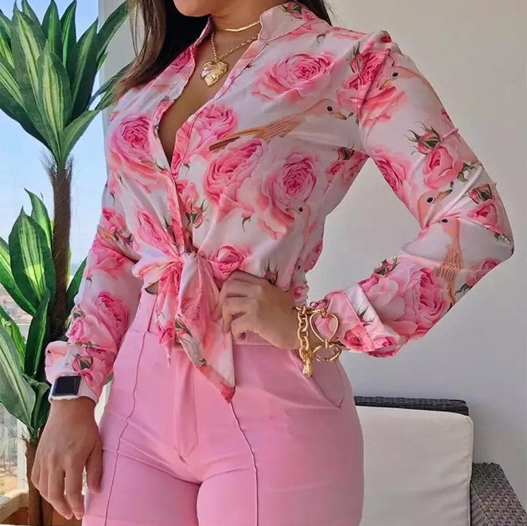 Pink and white floral print long sleeve blouse