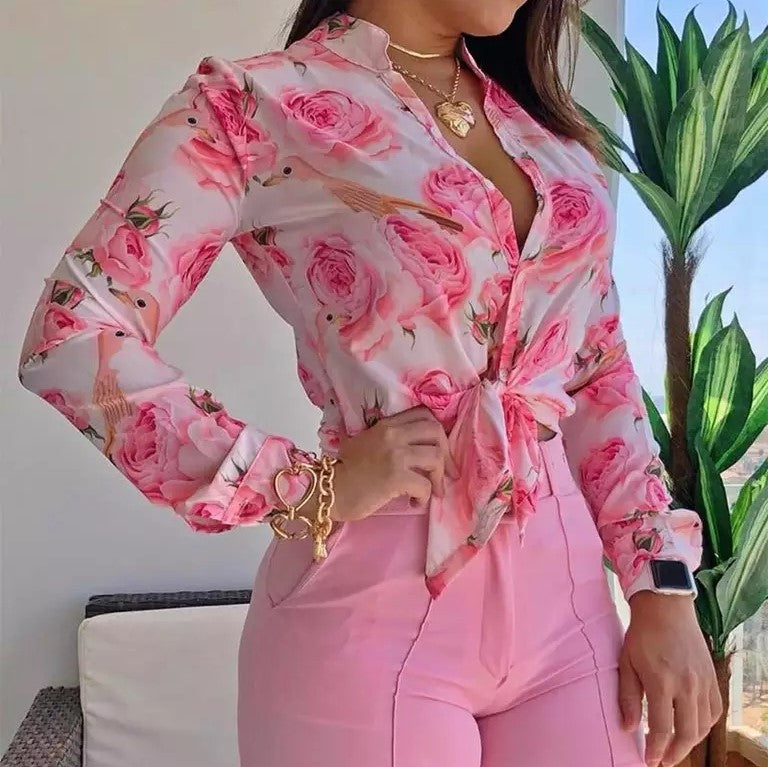 Pink and white floral print long sleeve blouse