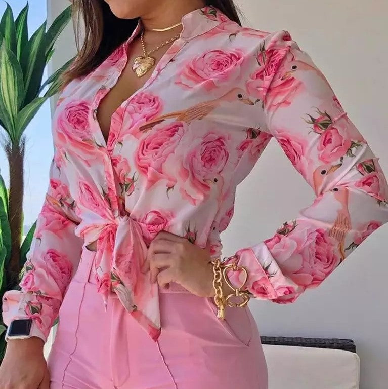 Pink and white floral print long sleeve blouse