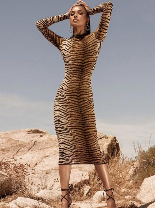 Woman wearing animal print bodycon long sleeve midi dress