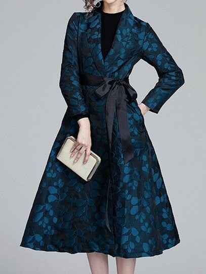 Blue and black jacquard print long sleeve coat 