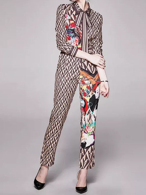 VENICE Print Tie Neck Blouse and Pants Matching Two Piece Set