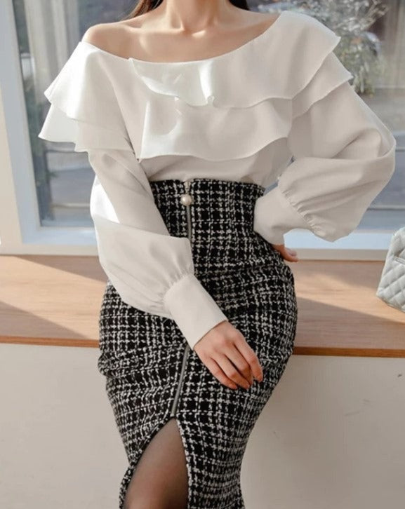 VICTORIA Off the Shoulder Ruffle Blouse and Skirt Two Piece Set