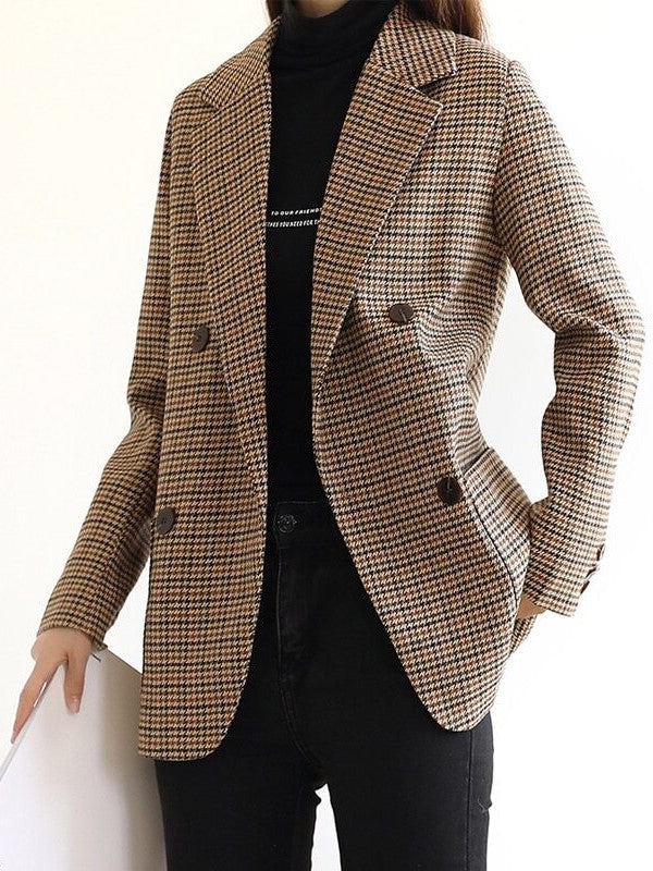 Women's brown houndstooth plaid long sleeve jacket