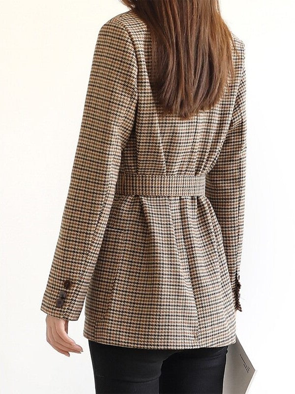 Women's brown houndstooth plaid long sleeve jacket