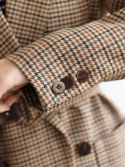 Women's brown houndstooth plaid long sleeve jacket